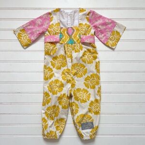 ELEANOR ROSE EUC Mustard Yellow Whimsical Floral Block Print Kimono Style Romper